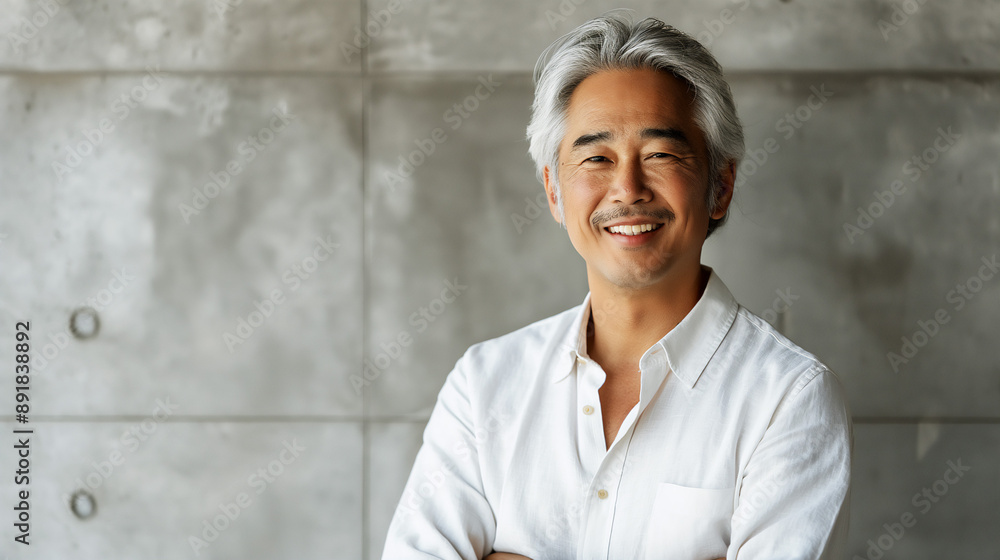 Middle age Asian man, professional and confident, studio shot against gray concrete background, copy space Middle age Asian man, professional and confident, studio shot against gray concrete background, copy space