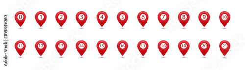 A red pin on a card with a number. Numbers on a vector image of a red dot or pins on a map.