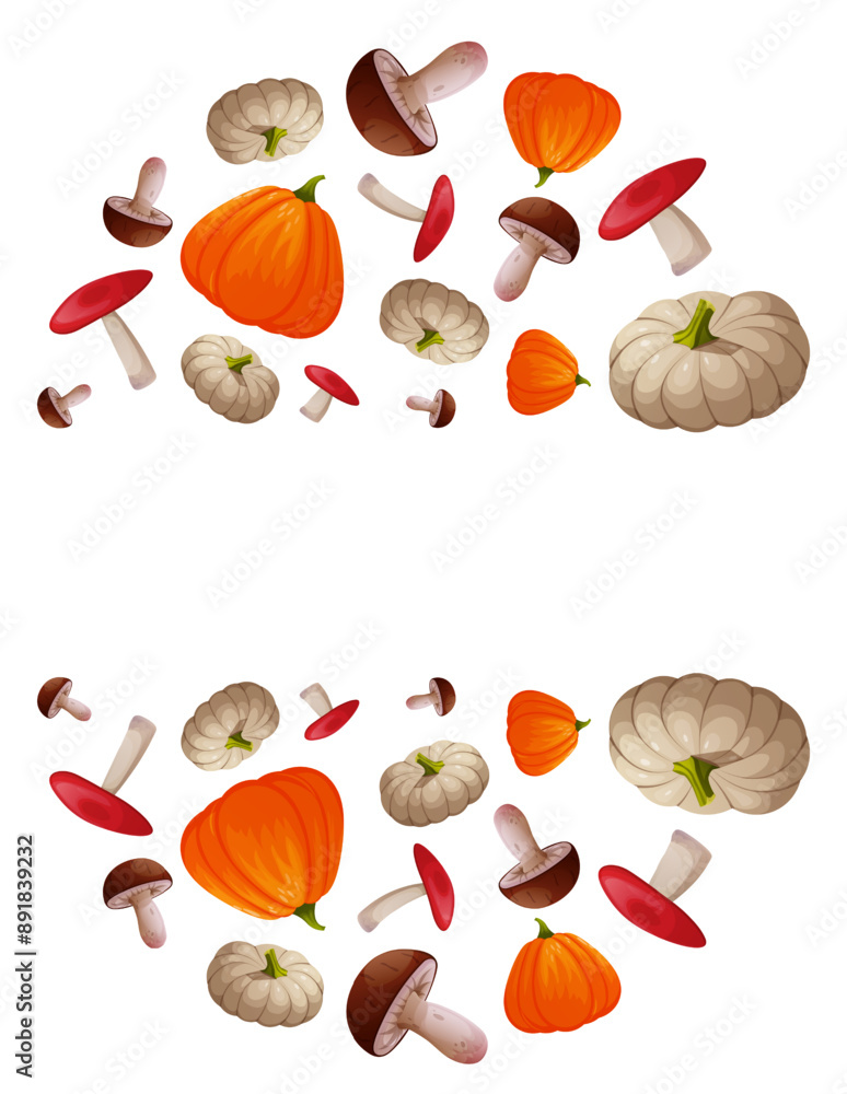 Frame with a slit in the middle. Frame design with pumpkin and mushrooms. Vector illustration. Round frame with mushrooms and pumpkin Frame with a slit in the middle. Frame design with pumpkin and mushrooms. Vector illustration. Round frame with mushrooms and pumpkin
