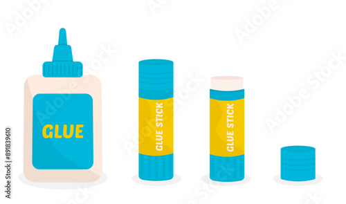 Vector bottle of glue and glue stick. Supplies for office and school. Isolated on white background