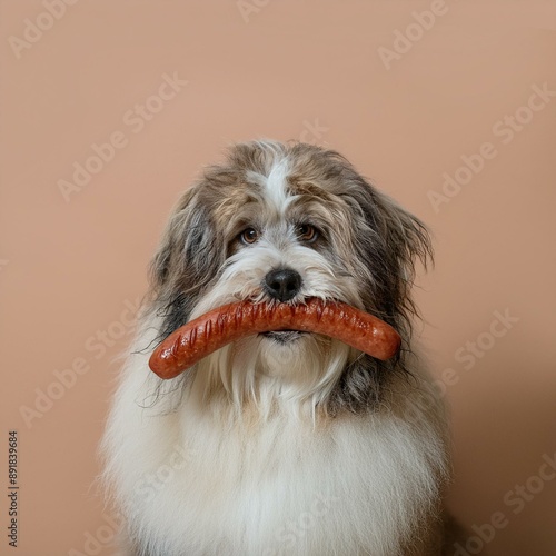 Kreative Lebensmittel-Tier-Vorlage. Ein gieriger, unordentlicher Old English Sheepdog Welpe mit langen gegrillten Frankfurter Würstchen auf gedämpft grünem Hintergrund. Platz für Textkopie photo