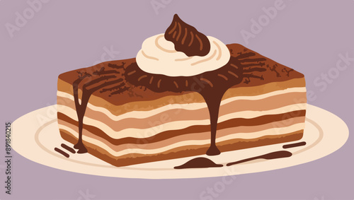 Elegant Flat Vector Illustration of Tiramisu Slice Dessert