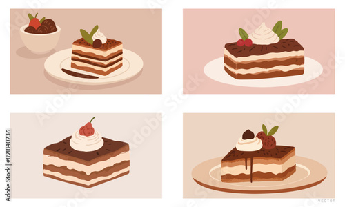 Elegant Flat Vector Illustration of Tiramisu Slice Dessert