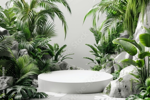 White podium in tropical forest for product presentation and on white background, Generative AI