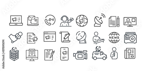 Mass Media Journalism line icons set. Mass Media outline icons with editable stroke collection.