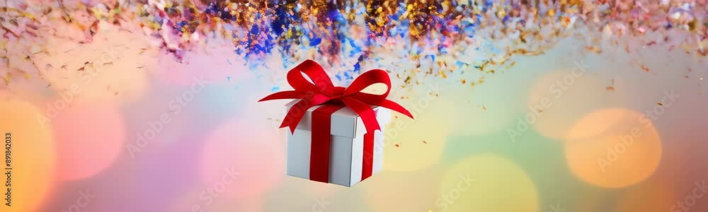 Luxury white gift box with red ribbon and confetti, Closeup Gift Box on gradient bokeh background, Valentine's Day, Holidays gifts concept, anniversary, birthday. Copy space template web banner Luxury white gift box with red ribbon and confetti, Closeup Gift Box on gradient bokeh background, Valentine's Day, Holidays gifts concept, anniversary, birthday. Copy space template web banner