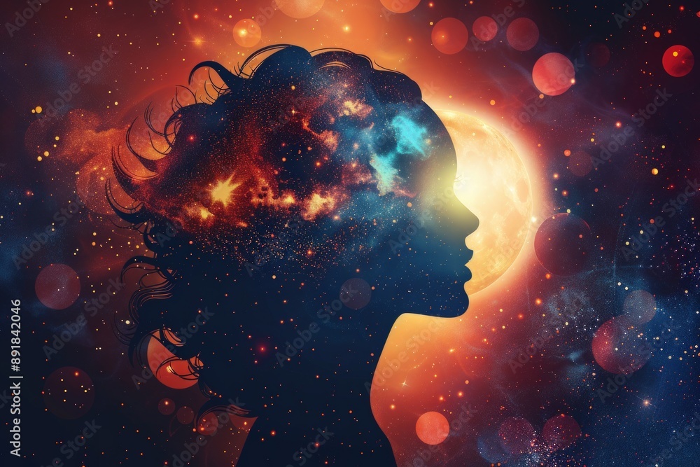 A silhouette of an adult woman in profile, her hair is made up of the universe and galaxies. A silhouette of an adult woman in profile, her hair is made up of the universe and galaxies.