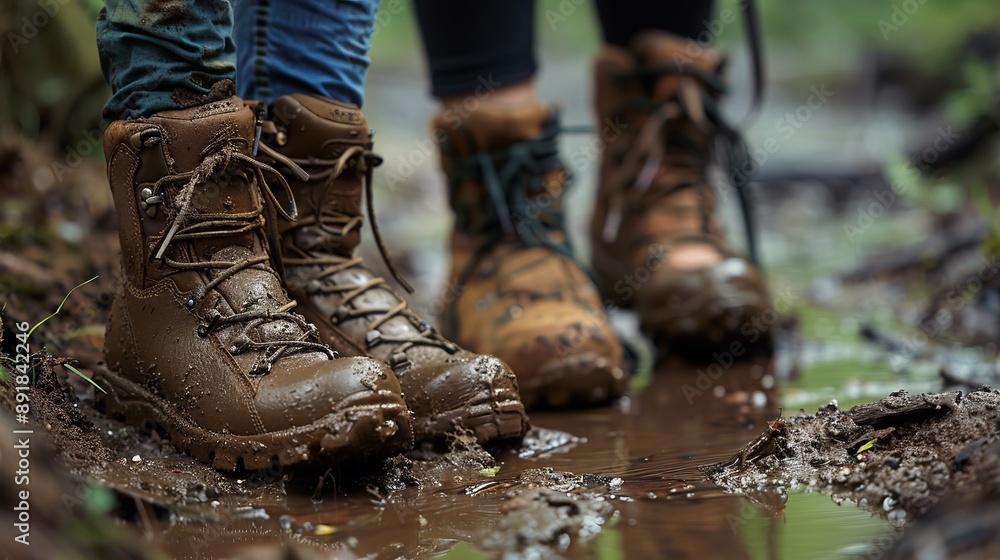 Muddy Hiking Boots in Nature Muddy Hiking Boots in Nature