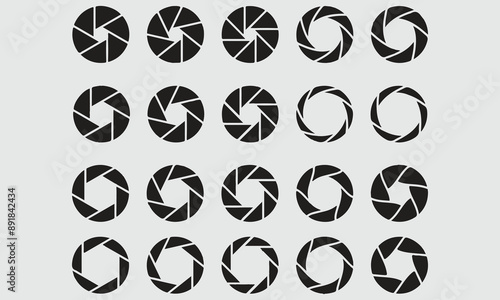 Set of Black camera lens icon flat desig Camera photography icons. Lens aperture, photo shutter, photo lens, shutter lens. Vector illustration