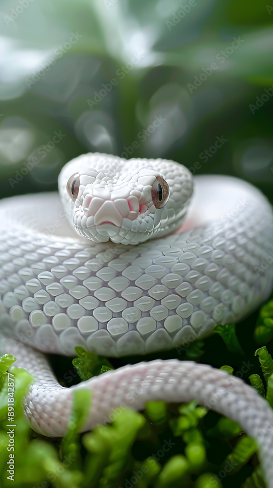 Fototapeta premium A closeup of a breathtaking albino snake curled on a plant, displaying its intricate scales. Perfect for enthusiasts of herpetology, nature, reptiles, serpents, and wildlife