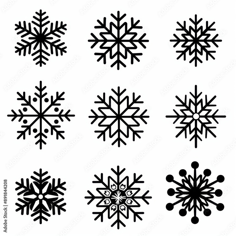 Black snowflake vector icons in different designs for web design. A set of flat style snowflake icons for Christmas. Black snowflake vector icons in different designs for web design. A set of flat style snowflake icons for Christmas.