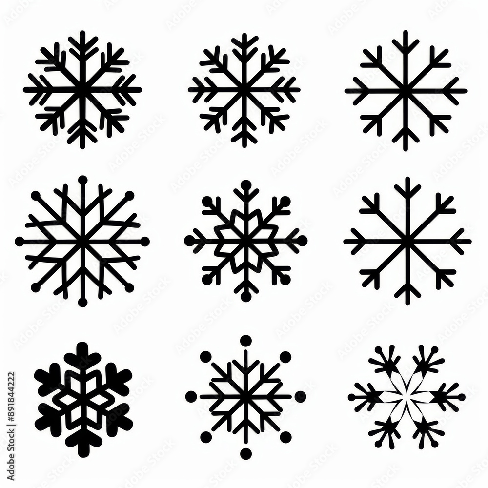 Black snowflake vector icons in different designs for web design. A set of flat style snowflake icons for Christmas. Black snowflake vector icons in different designs for web design. A set of flat style snowflake icons for Christmas.