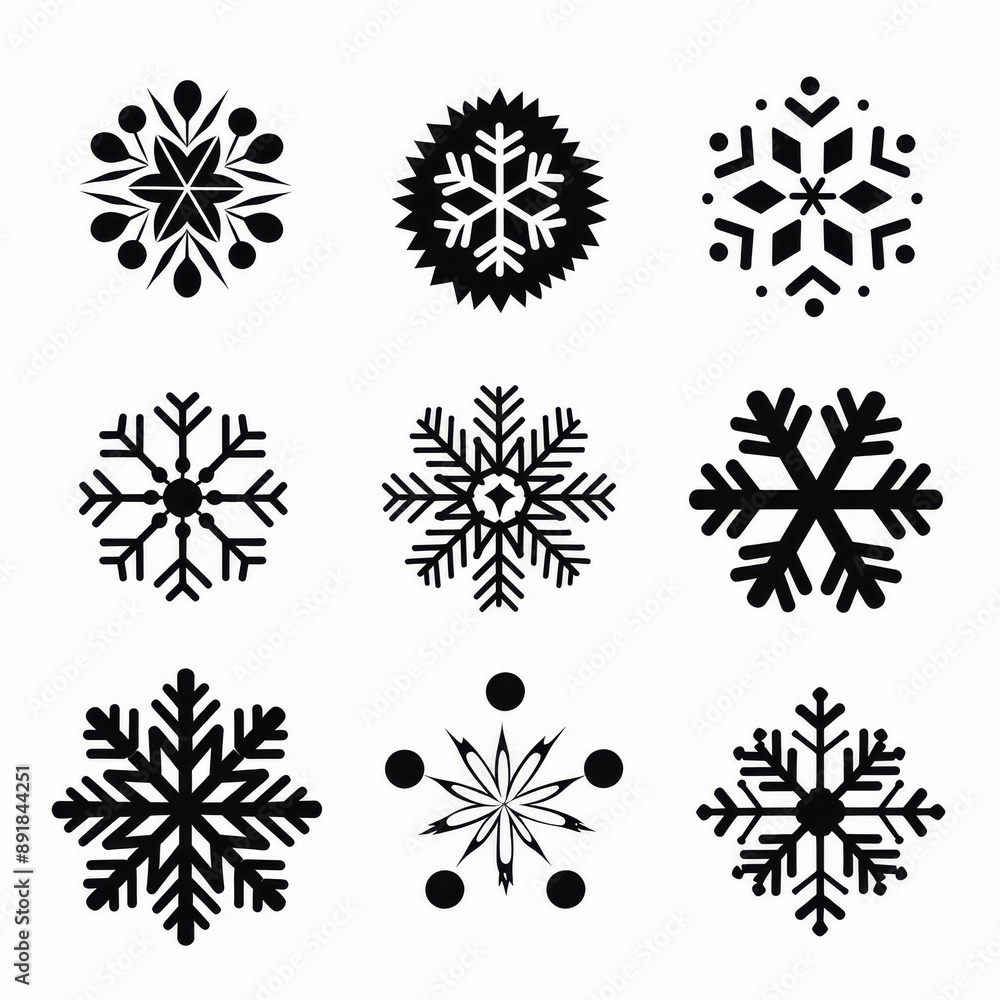 Black snowflake vector icons in different designs for web design. A set of flat style snowflake icons for Christmas. Black snowflake vector icons in different designs for web design. A set of flat style snowflake icons for Christmas.