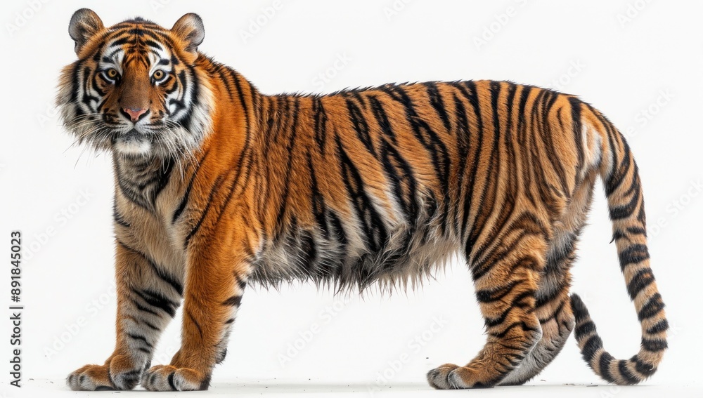 Obraz premium Striped Tiger Standing on White Background