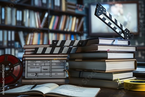 A stack of film studies books and film production notebooks, with a clapperboard and film reels on a film director's desk.