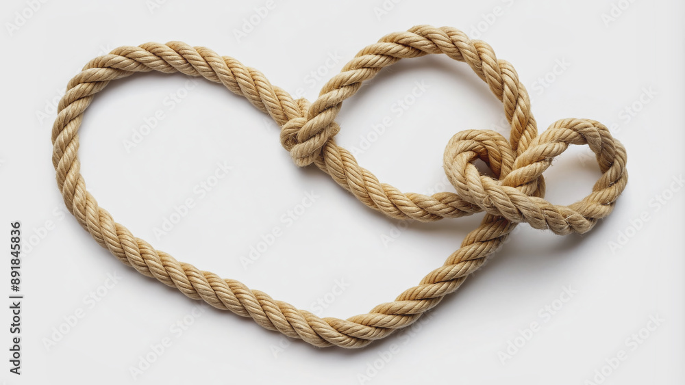 A delicate rope forms a heart shape, tied with a knot, symbolizing eternal love, against a pure white background, perfect for Valentine's Day celebrations. A delicate rope forms a heart shape, tied with a knot, symbolizing eternal love, against a pure white background, perfect for Valentine's Day celebrations.