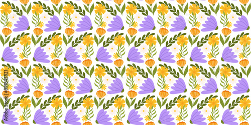 Seamless motif displaying floral elements. Botanical-inspired repetitive fabric or wallpaper design with yellow, orange, and substantial lilac flowers, different leaves.