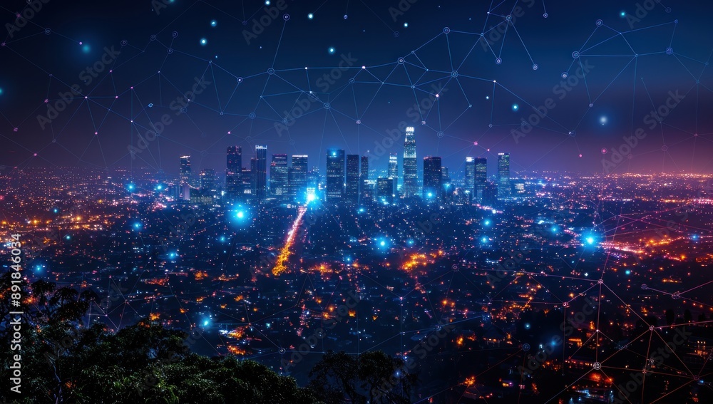 Nighttime Cityscape with Network Connections Nighttime Cityscape with Network Connections