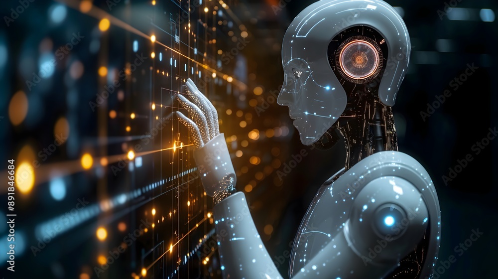 A robot is looking at a computer screen with a keyboard and a mouse ...