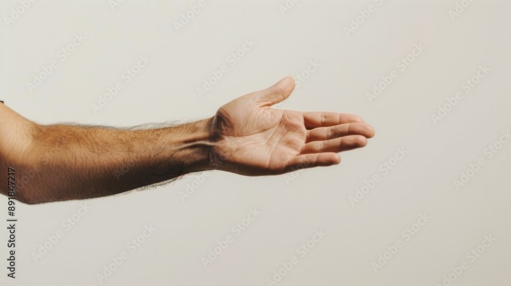 Man extending hand on pale grey backdrop Man extending hand on pale grey backdrop
