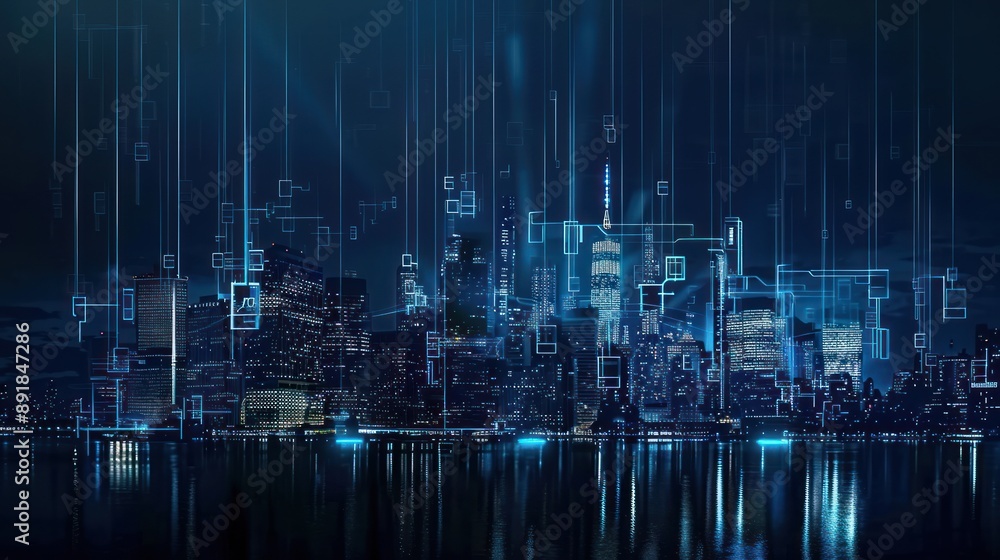 Obraz premium Cityscape with Digital Network Overlay