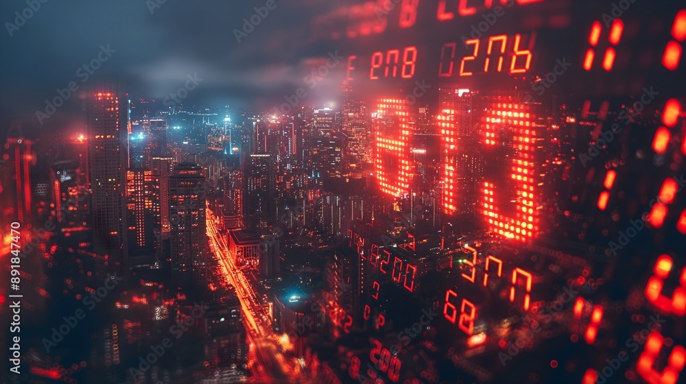 A city skyline with a large red number on a screen. The image has a dark and moody atmosphere, with the city lights and the red numbers creating a sense of urgency and importance. A city skyline with a large red number on a screen. The image has a dark and moody atmosphere, with the city lights and the red numbers creating a sense of urgency and importance.