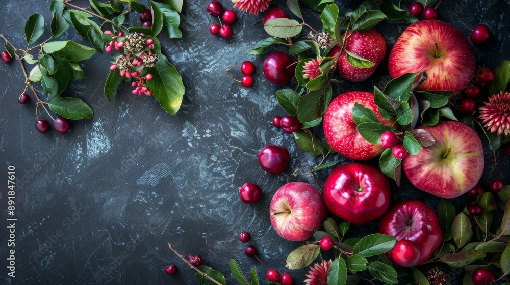 Fresh red apples with leaves on a dark background Fresh red apples with leaves on a dark background