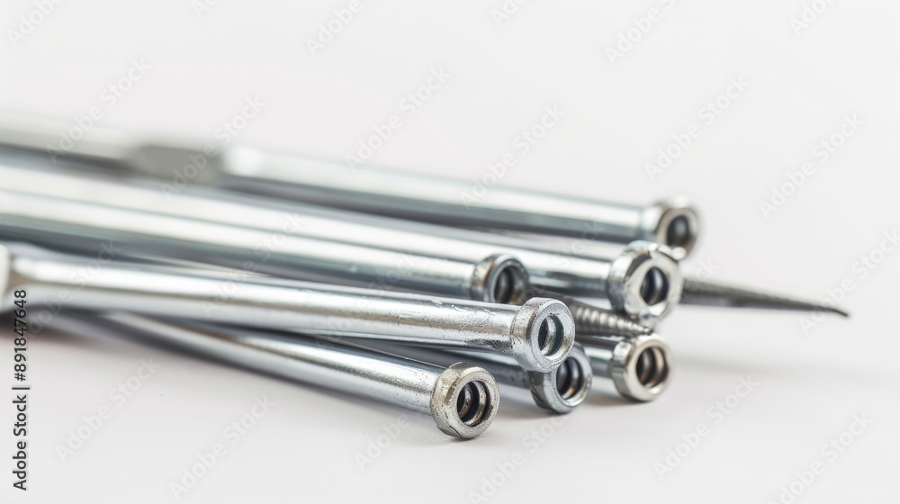 Close up of nails on white background with equipment technician and screw thread layer Close up of nails on white background with equipment technician and screw thread layer