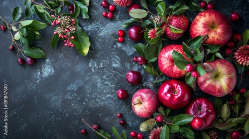Fresh red apples with leaves on a dark background