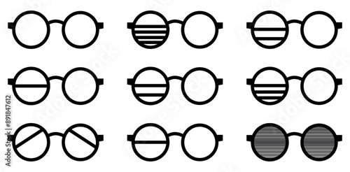 Glasses and sunglasses, spectacles vector illustration. Various styles of eyewear for fashion and accessories. Aviator, round, square, cat eye, heart, rectangular, oval, wayfarer, rimless