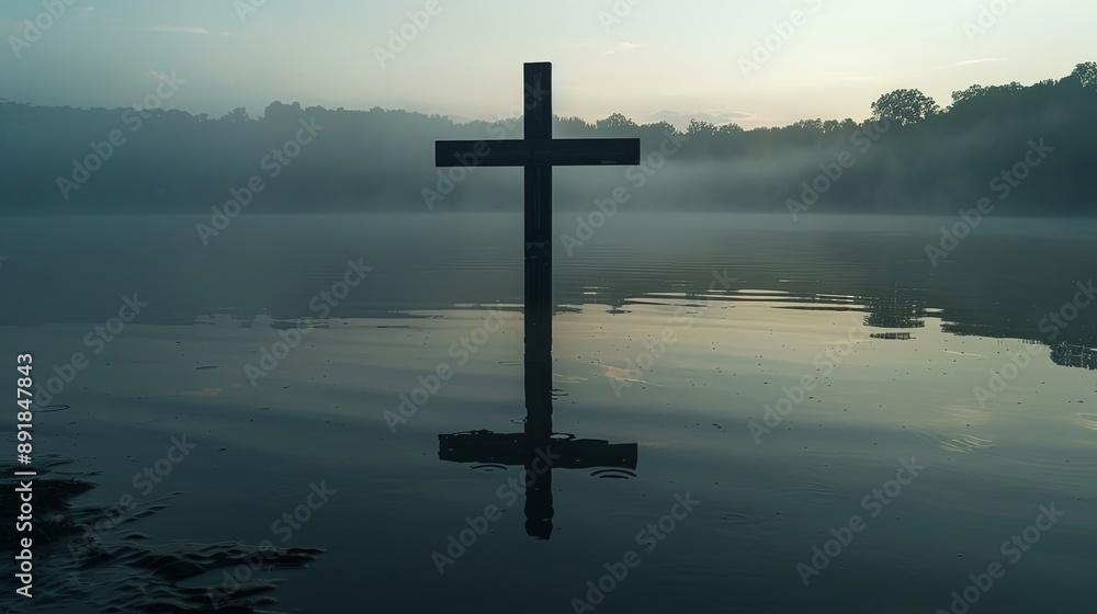 Solitary Cross Over Misty Water at Dawn Solitary Cross Over Misty Water at Dawn