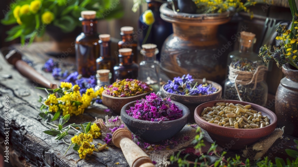 Herbal medicine ingredients on a rustic wooden table Herbal medicine ingredients on a rustic wooden table