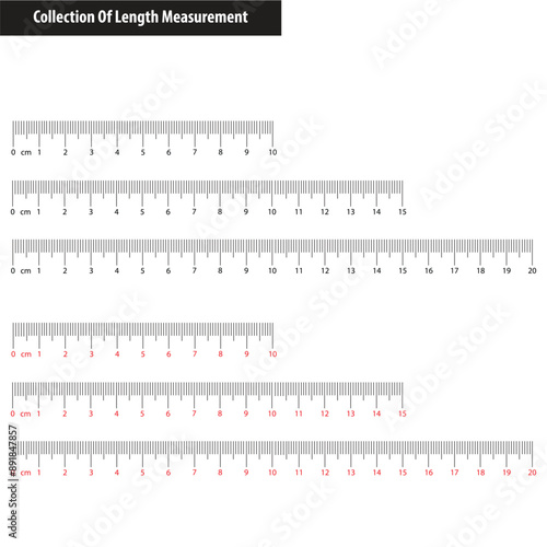Collection measuring charts with 10,15, 20 centimeters. Length measurement math, distance, height, sewing tools. Set of templates rulers scale