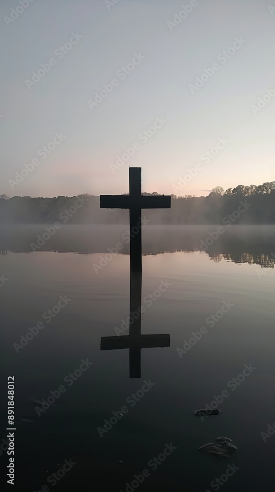 Solitary Cross Over Misty Water at Dawn Solitary Cross Over Misty Water at Dawn