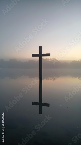 Solitary Cross Over Misty Water at Dawn