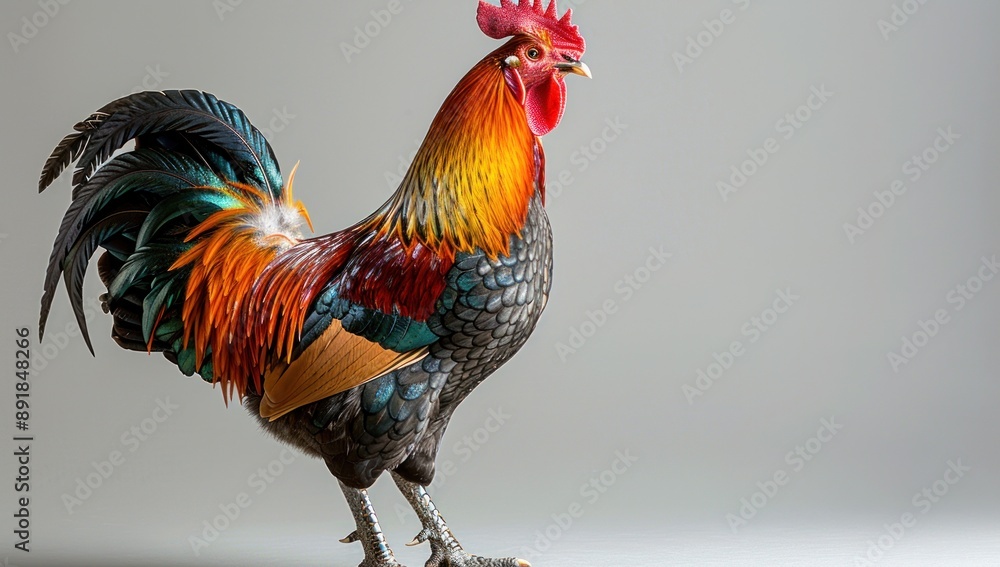 Fototapeta premium A Colorful Rooster Stands Against a Gray Background