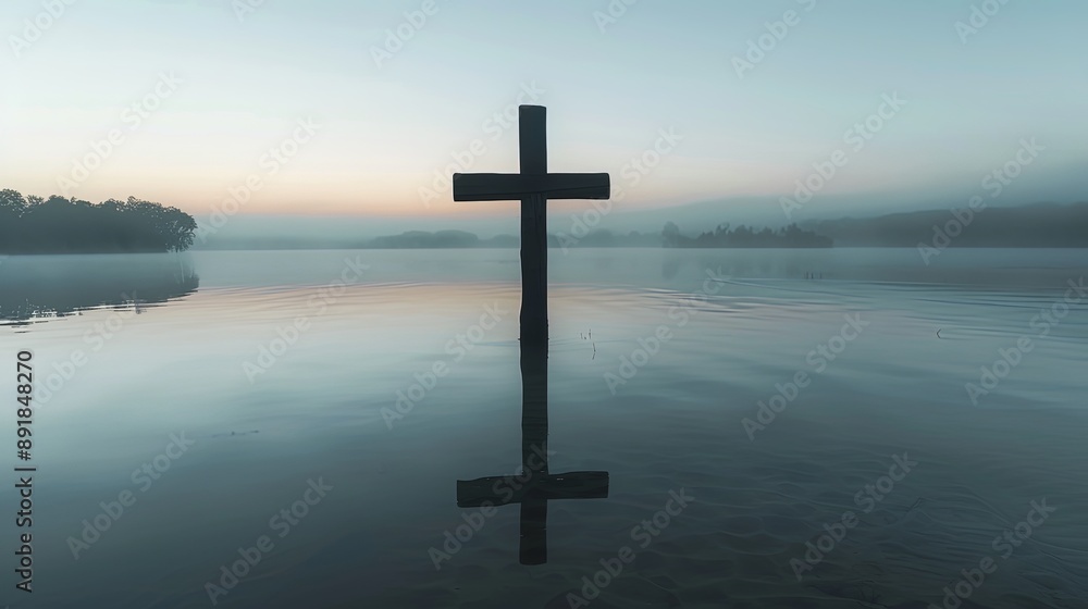 Solitary Cross Over Misty Water at Dawn Solitary Cross Over Misty Water at Dawn