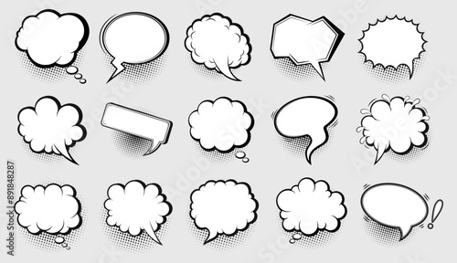 Collection of speech bubbles with black halftone shadows. Vector illustration
