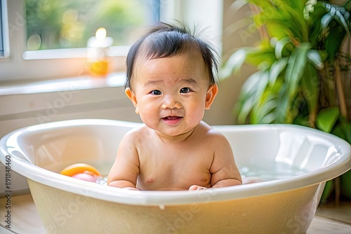 Happy little baby sitting in bath tub playing with toys in bathroom. Portrait of baby bathing in white bath full of foam, at home. everyday life. hygiene, children, lifestyle concept