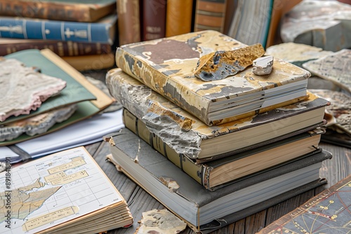 A stack of geology books and geological field notebooks, with rock samples and geological maps on a geologist's desk. photo