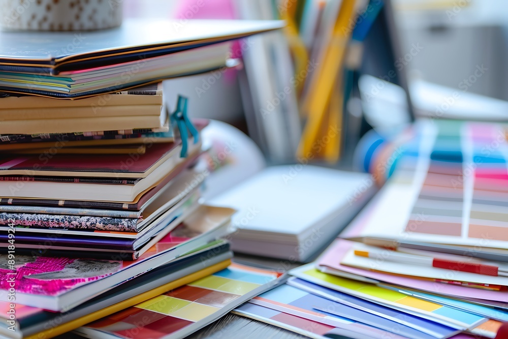 A stack of graphic design books and sketchbooks, with digital design tools and color swatches on a graphic designer's desk.