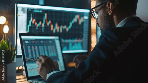 Financial analytics with a businessman working on charts, highlighting fintech.
