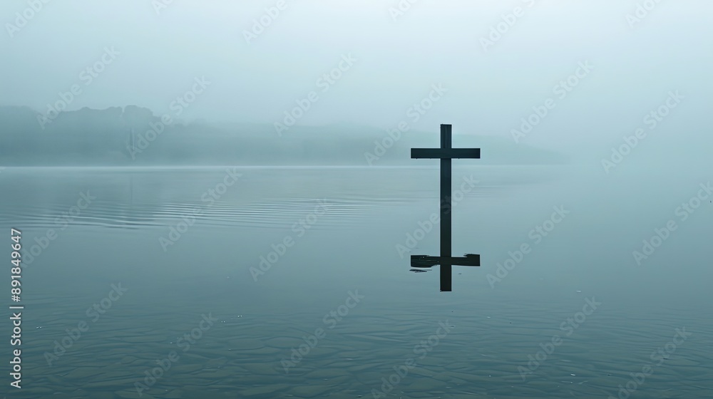 Solitary Cross Over Misty Water at Dawn Solitary Cross Over Misty Water at Dawn