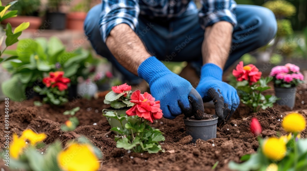 Fototapeta premium Hands-On Gardening with Colorful Flowers - Close-up of a gardener planting vibrant flowers in rich soil, showcasing hands-on gardening with blue gloves and colorful blossoms.