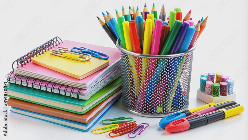 Neatly organized stationery items including pens, pencils, notebooks, and paper clips against a clean white background, perfect for office or school supply themes. Neatly organized stationery items including pens, pencils, notebooks, and paper clips against a clean white background, perfect for office or school supply themes.