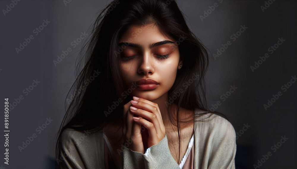 a young women looking worried or stress with her eye closes holding her hands together a young women looking worried or stress with her eye closes holding her hands together