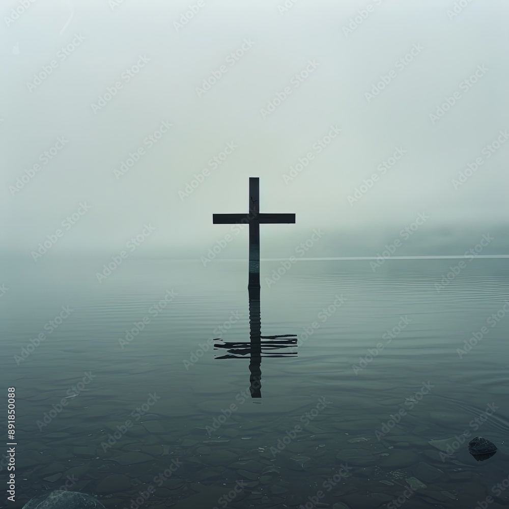 Solitary Cross Over Misty Water at Dawn Solitary Cross Over Misty Water at Dawn