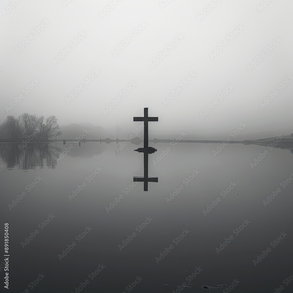 Naklejka premium Solitary Cross Over Misty Water at Dawn