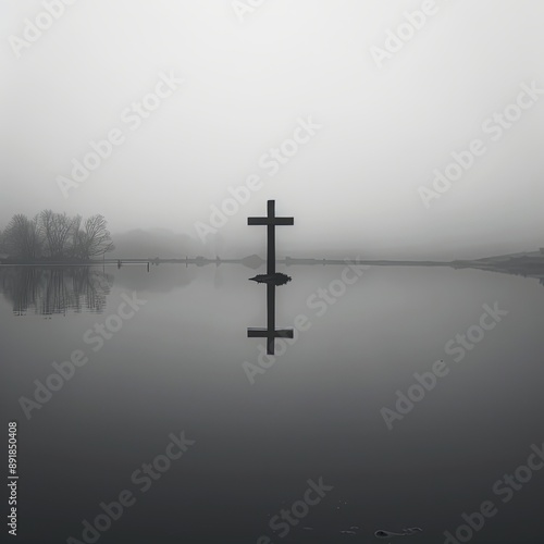 Solitary Cross Over Misty Water at Dawn