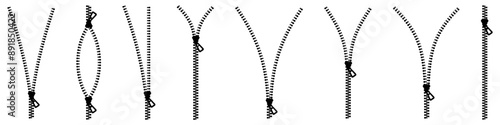 Zipper set. Zipper silhouette collection.  Zipper buttoned. Vector illustration.